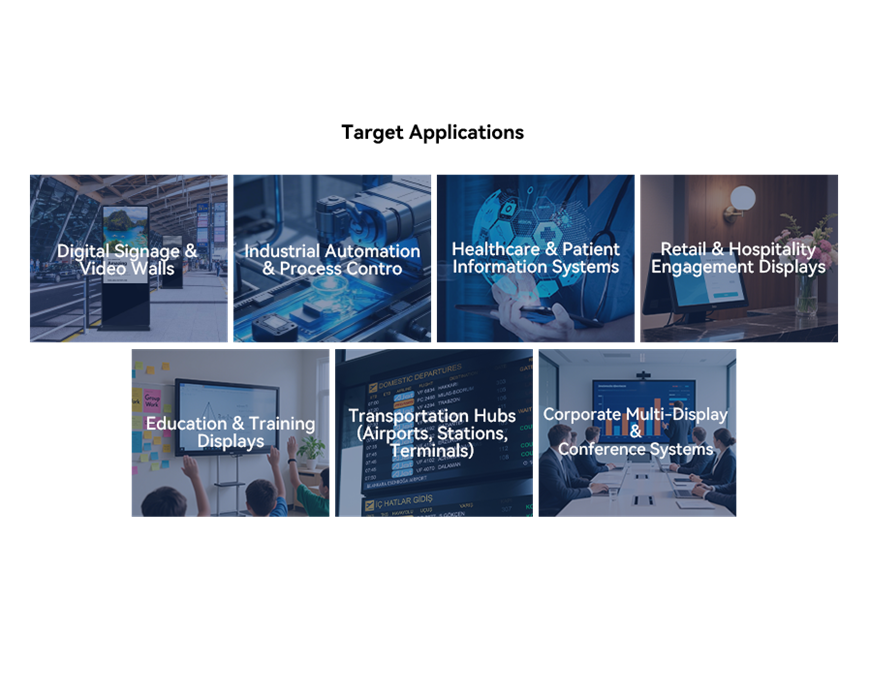 axtang SXC-FP530 Mini PC applications including digital signage, industrial automation, healthcare, retail, education, transportation, and corporate multi-display systems