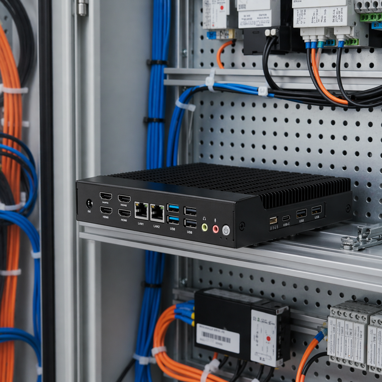 Fanless embedded PC with industrial I/O and DIN-rail mounting